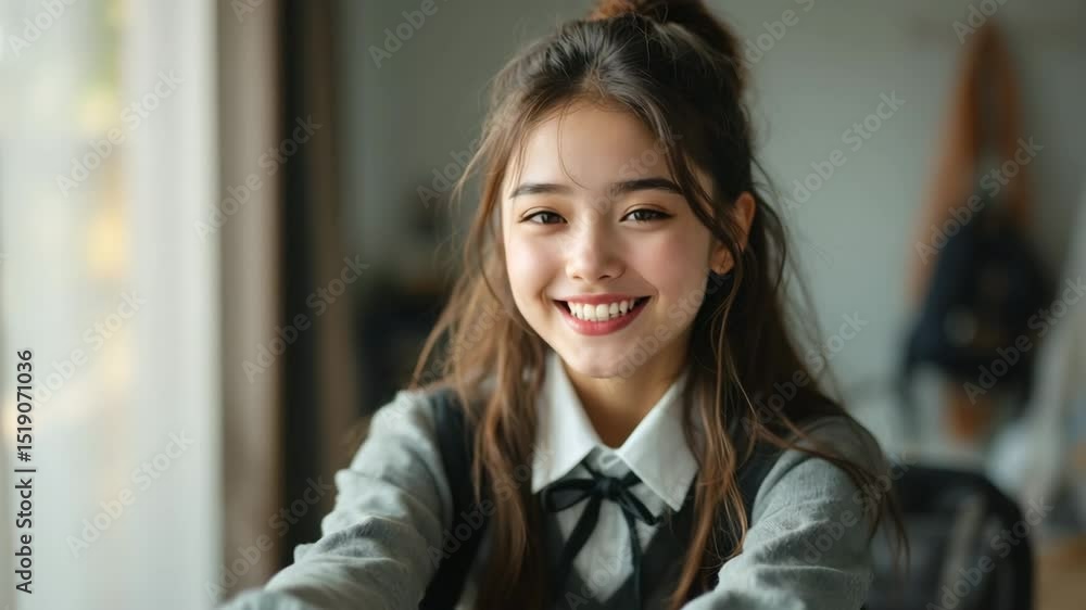 Smiling young Asian girl with long brown hair, wearing a gray school uniform, sitting at a desk in a bright classroom, ready for back to school season. Smiling young Asian girl with long brown hair, wearing a gray school uniform, sitting at a desk in a bright classroom, ready for back to school season.