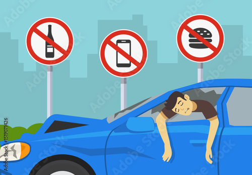 Safe car driving. Close-up of a male driver killed after colliding. Restriction signs on background. Flat vector illustration template.