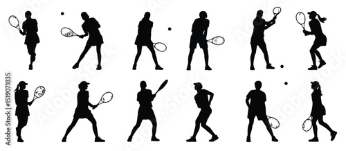 Twelve Silhouettes of Tennis Players in Action