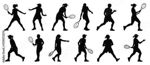 Twelve Silhouettes of Tennis Players in Action