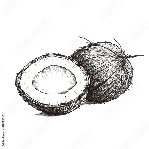 Two whole and halved coconuts in a line drawing style