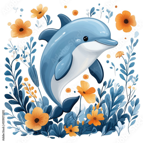 A dolphin with orange flowers isolated on transparent background, png