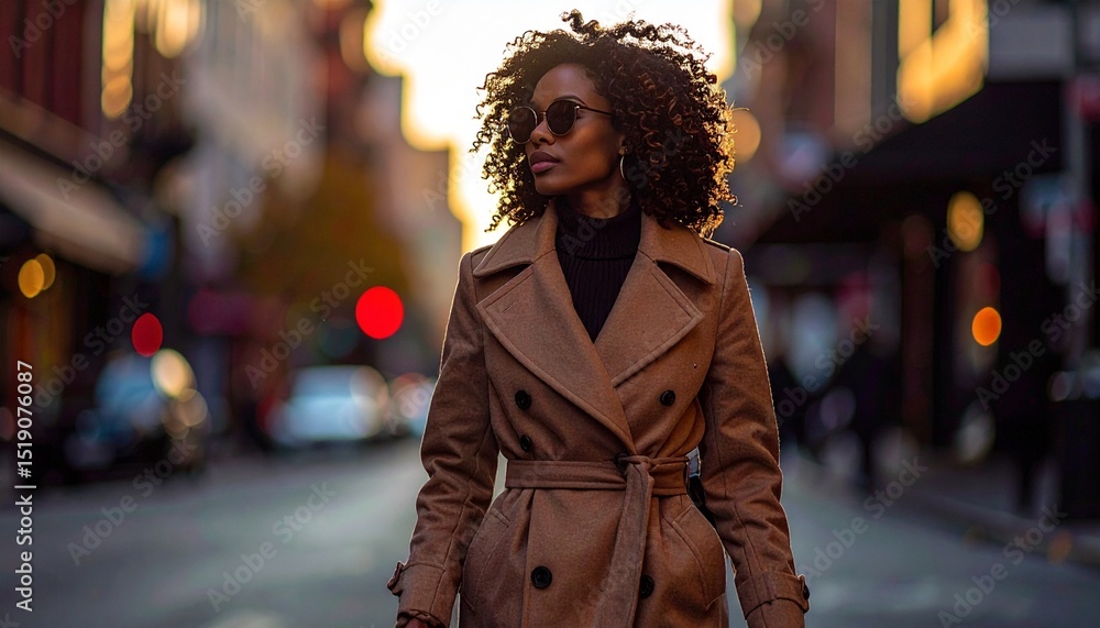 Obraz premium Confident Woman in Beige Trench Coat Walking Urban Street at Golden Hour