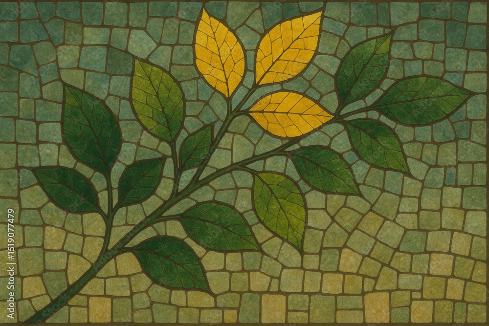 Yellow And Green Leafy Branch Mosaic Art Yellow And Green Leafy Branch Mosaic Art