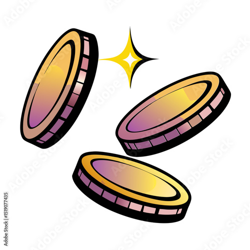 Three coins flying in comic book style with pop art design, transparent background