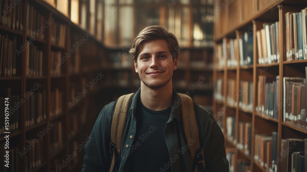 Handsome Smile student man with backpack and books in library, education, university, cheerful, college, happy, standing, school, backpack, attractive, enjoyment, confidence Handsome Smile student man with backpack and books in library, education, university, cheerful, college, happy, standing, school, backpack, attractive, enjoyment, confidence