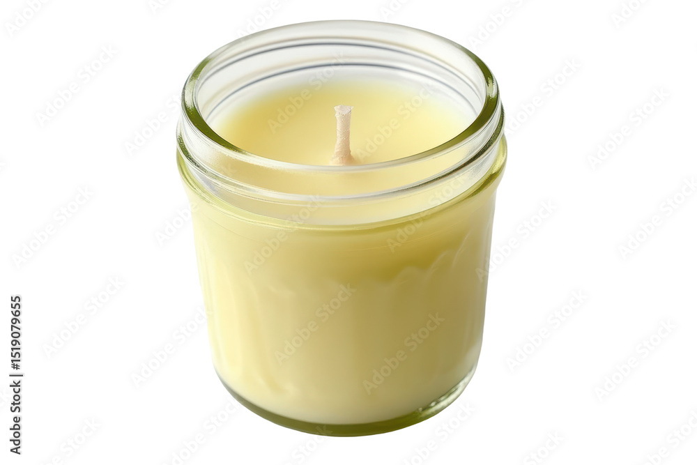 A pale yellow candle, contained within a clear glass jar, features a single cotton wick centered at the top. The candle wax exhibits a smooth, almost creamy texture A pale yellow candle, contained within a clear glass jar, features a single cotton wick centered at the top. The candle wax exhibits a smooth, almost creamy texture