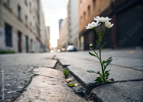 A resilient flower blossoms through a crack in the city pavement, symbolizing strength and perseverance amidst urban challenges.