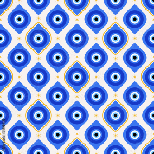 Evil eye seamless background. Greek and Turkish blue bead. Vector magic pattern with ethnic nazar - symbol of protection and luck. Traditional ornament with energy amulet and spiritual talisman
