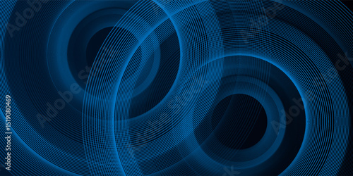 Blue abstract background with glowing circles. Swirl circular lines pattern. Geometric spiral.