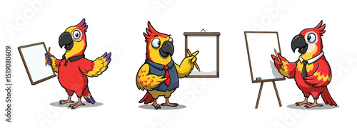 Set of Smart Parrot Clipart with Whiteboards - Funny Education & Presentation Concept