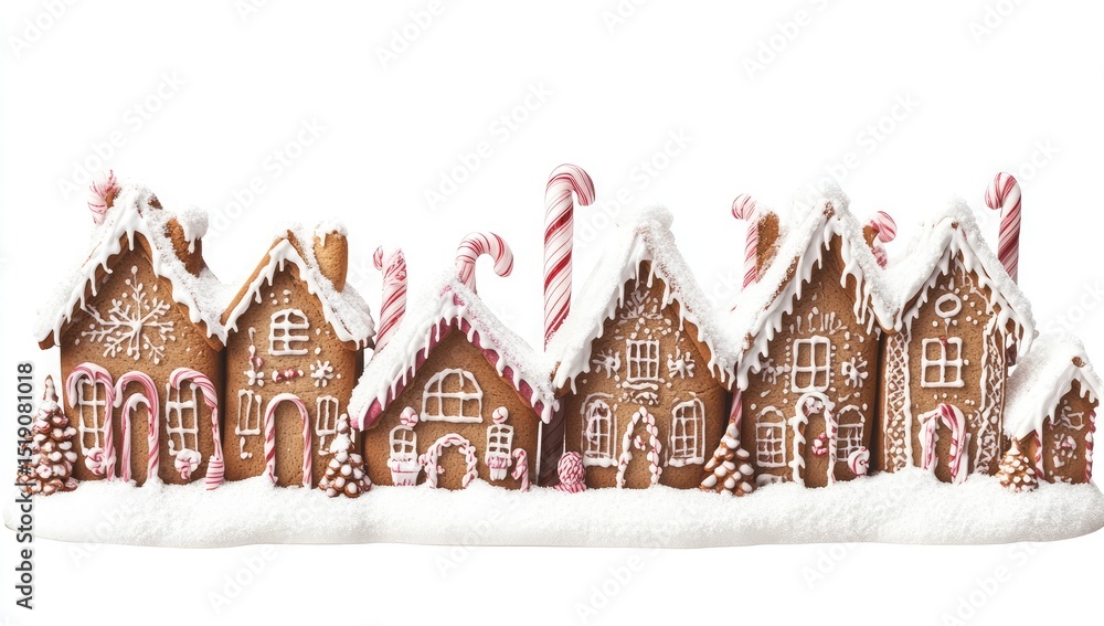 Obraz premium A white background with a row of gingerbread houses decorated with white and pink candy canes.