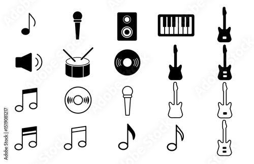 Music Icon Collection 06-25 : Instruments, speakers, microphones, piano, guitar, drums, musical notes, etc.