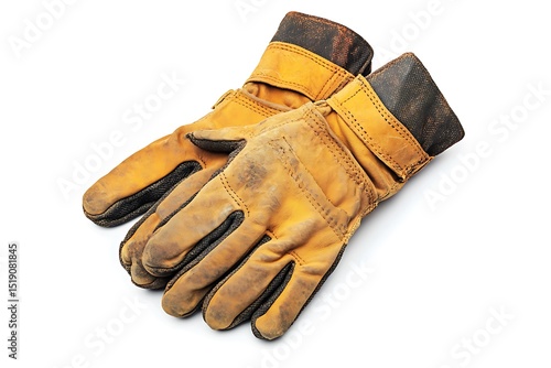 A pair of worn leather work gloves with brown cuffs resting on a plain white background in a studio shot