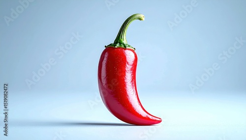 Close Up Of A Single Red Chili Pepper With Green Stem On Light Blue Background