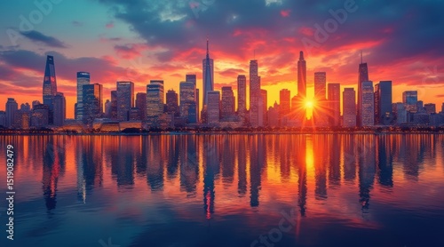 Wallpaper Mural A vibrant city skyline reflected in calm water at sunset with dramatic clouds and colorful sky. Torontodigital.ca
