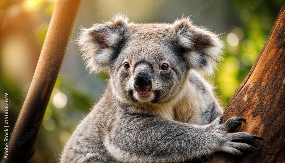 Obraz premium Cuddly Koala Lounging in a Gum Tree on a Bright and Sunny Australian Afternoon, Capturing the Playful Spirit of the Aussie Bush with Warm Golden Light.