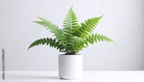 Close Up Of A Vibrant Green Fern Plant In A White Pot Against A Clean White Background