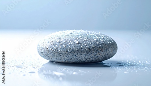 Close-Up Of A Wet Pebble Showing Water Droplets And Texture On A Smooth Gray Background