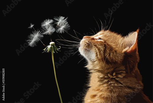 A Dandelion being blowed while its achenes seems to roughly shape of a cat, on black background