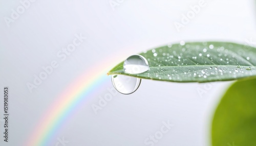 Close-Up Of Rainbow Reflection In Dew Droplet On A Green Leaf With Soft White Background