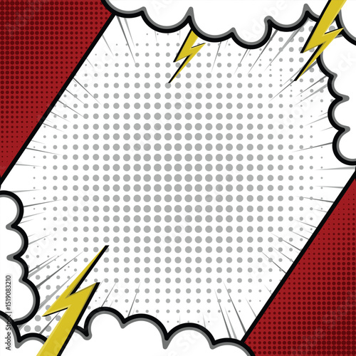 Blank retro comic book frame background template with cloud, halftone, vector illustration