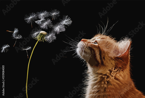 A Dandelion being blowed while its achenes seems to roughly shape of a cat, on black background