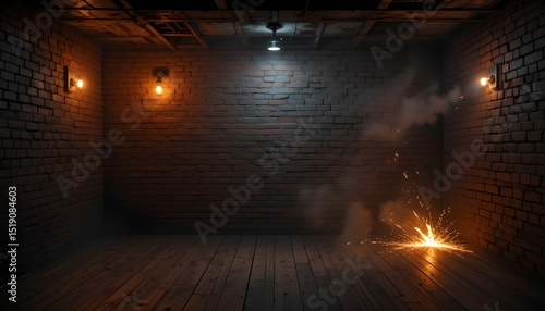  Dark Basement Room with Old Brick Walls Sparks Fire Smoke Neon Lamps and Wooden Floor Night View