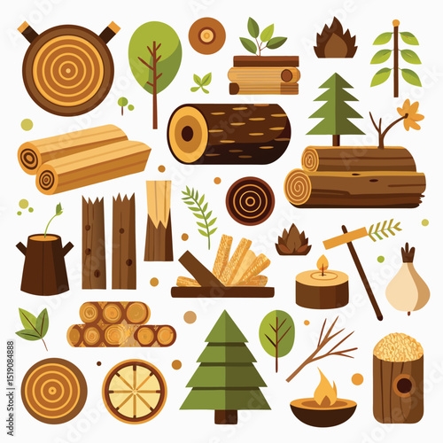 Wood Collection: A diverse collection of handcrafted wooden logs, branches, and assorted botanical illustrations. Capturing the essence of rustic nature and forest's resource