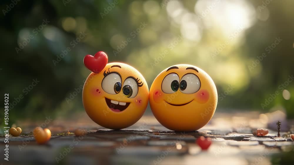 Two smiling emoticon characters representing affection in a natural setting
