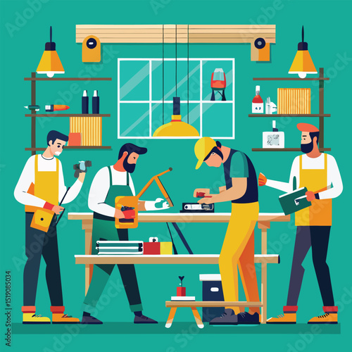 Workshop Team Collaboration: Capturing a scene of collaborative synergy, a workshop filled with skilled craftsmen working diligently together to bring their ideas to life.