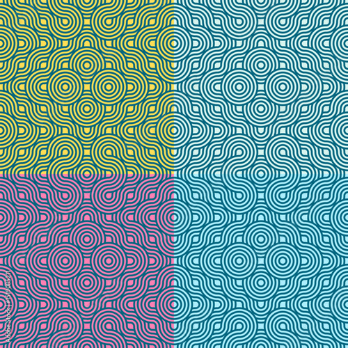  seamless pattern showcases concentric circles and wavy lines, divided into four vibrant quadrants with distinct colors—yellow-green, light blue, purple, and teal
