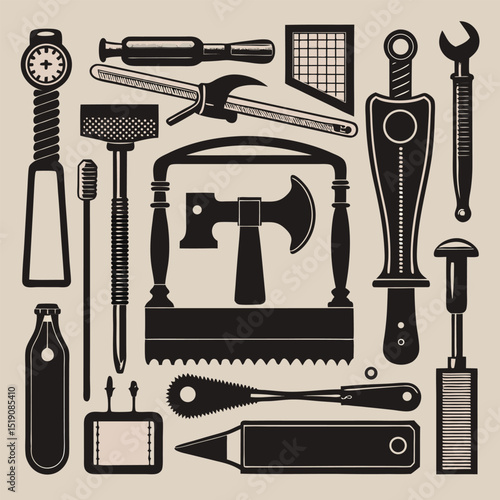 Artisan's Toolkit: A meticulously crafted arrangement showcases an assortment of tools, embodying the essence of craftsmanship, labor, and the skillful application of machinery. 