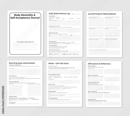 Body Neutrality & Acceptance Journal vector EPS - 10. Kindness Log, Self-Talk Detox & Beliefs Workbook Set.