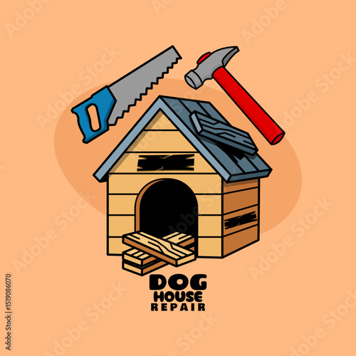 Dog House Repair Month to celebrate on July 1st. Illustration of a broken dog house being repaired with saw and hammer tools on beige background.