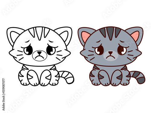 Sad gray cartoon kitten in line art and colored version, emotional cute cat character for kids coloring book pages, printable educational activities, sticker sets and nursery design with expressive