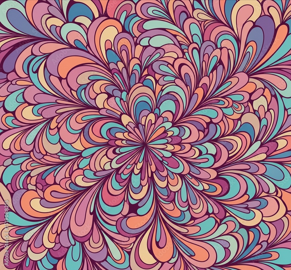 The image is an abstract illustration with repetitive and colorful patterns. This illustration features a symmetrical design with droplet or petal-shaped elements arranged from the center outward. The image is an abstract illustration with repetitive and colorful patterns. This illustration features a symmetrical design with droplet or petal-shaped elements arranged from the center outward.