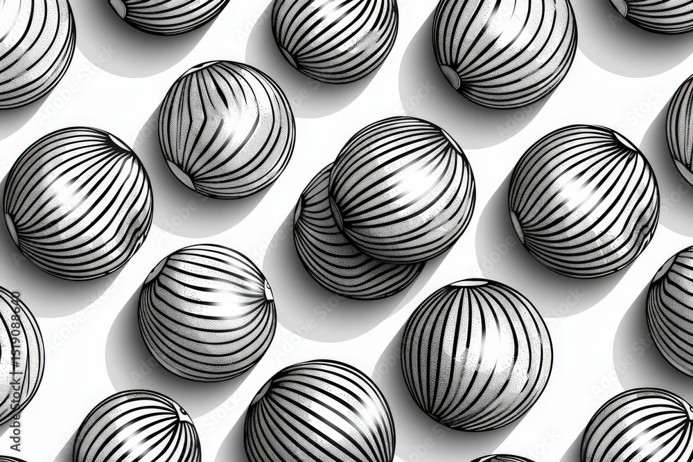 Multiple toy black and white striped balls drawn in one continuous line, creating smooth and cohesive wrapping paper pattern. Multiple toy black and white striped balls drawn in one continuous line, creating smooth and cohesive wrapping paper pattern.