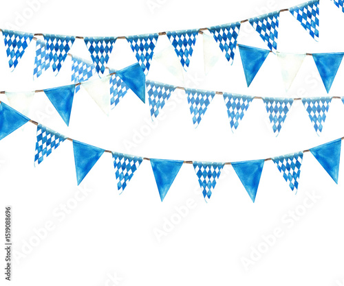 Garland with blue, rhombus and white flags hanging on rope rectangular banner. Watercolor Triangular pennant on Oktoberfest Bavarian Germany beer festival. Hand drawn template isolated illustration