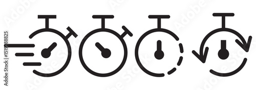 Timer icon set. Alarm clock symbol. Watch countdown vector illustration. Stopwatch sign. Hours, minutes and seconds concept. Simple express pictogram outline collection.