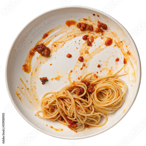 A top down view of a white plate with leftover spaghetti and tomato sauce on a black background space