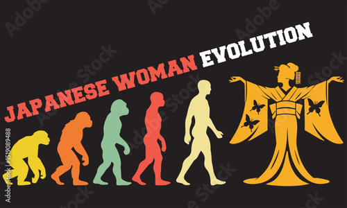 Japanese Woman Evolution T-shirt Design, Japanese Woman Evolution Design, evolution of man illustration