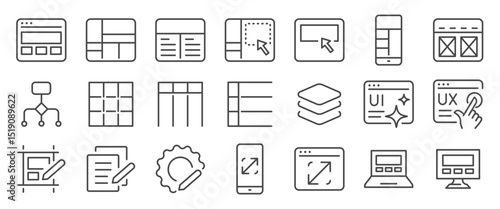 Template icon set. It included mockup, wireframe, grid system, layout, web, responsive design and more icons. Editable Vector Stroke.
