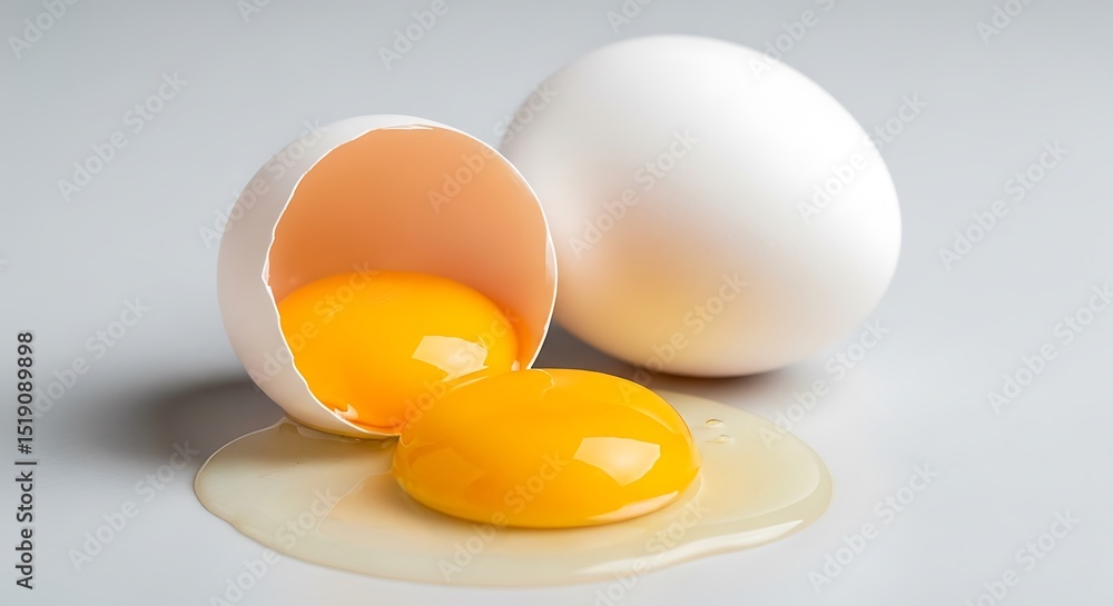 Broken egg with two yolks and whole egg on white background Broken egg with two yolks and whole egg on white background
