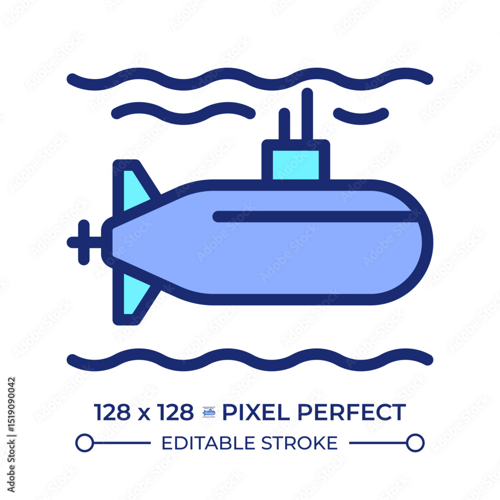 Obraz premium Submarine pixel perfect line color icon. Watercraft capable of independent operation underwater. Maritime transport. Isolated vector illustration. Flat colorful symbol design. Editable stroke