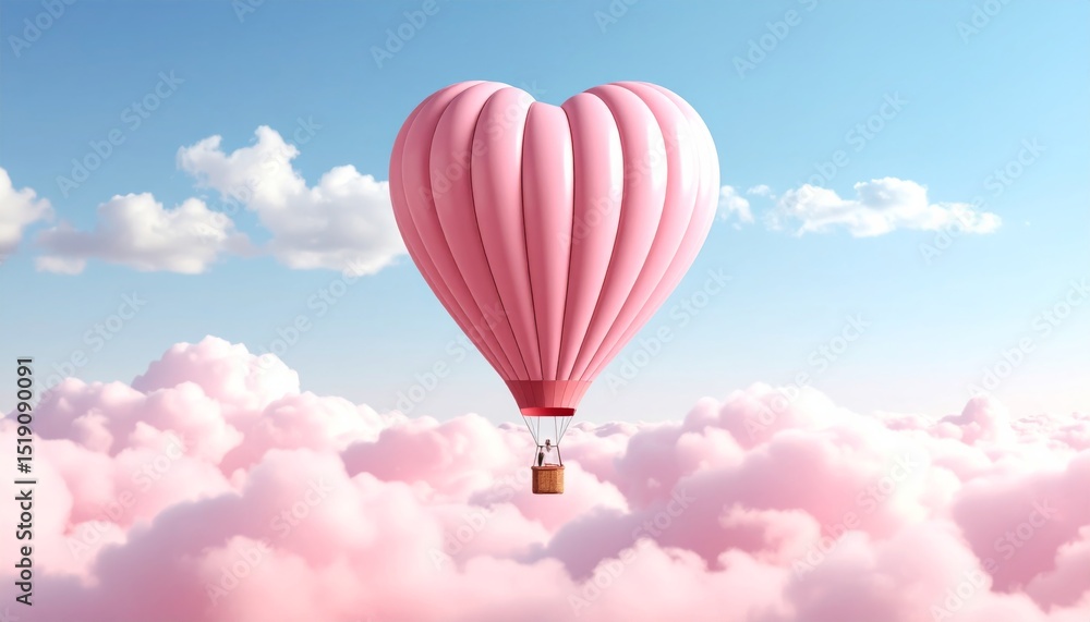 Obraz premium A pink heart-shaped hot air balloon floats above fluffy pink clouds under a blue sky.