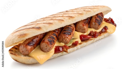Grilled Merguez Sausage Sandwich on White Background