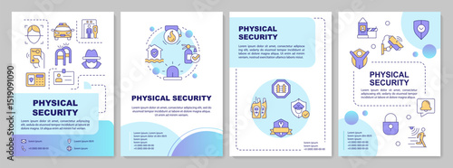 Physical security blue circle brochure layout. Deny unauthorized access to facilities. Leaflet advertising design with color line icons. Editable 4 pages. Arial-Bold, Myriad Pro-Regular fonts used