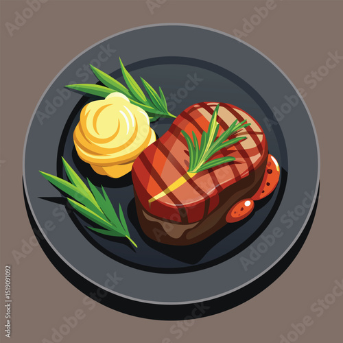 Gourmet Steak Delight: Indulge in the enticing allure of a meticulously grilled steak, exquisitely presented with artistic flair on a sleek, dark plate.