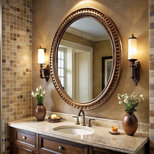 Modern contemporary bathroom interior with luxurious furniture, mirror, sink, and stylish decor